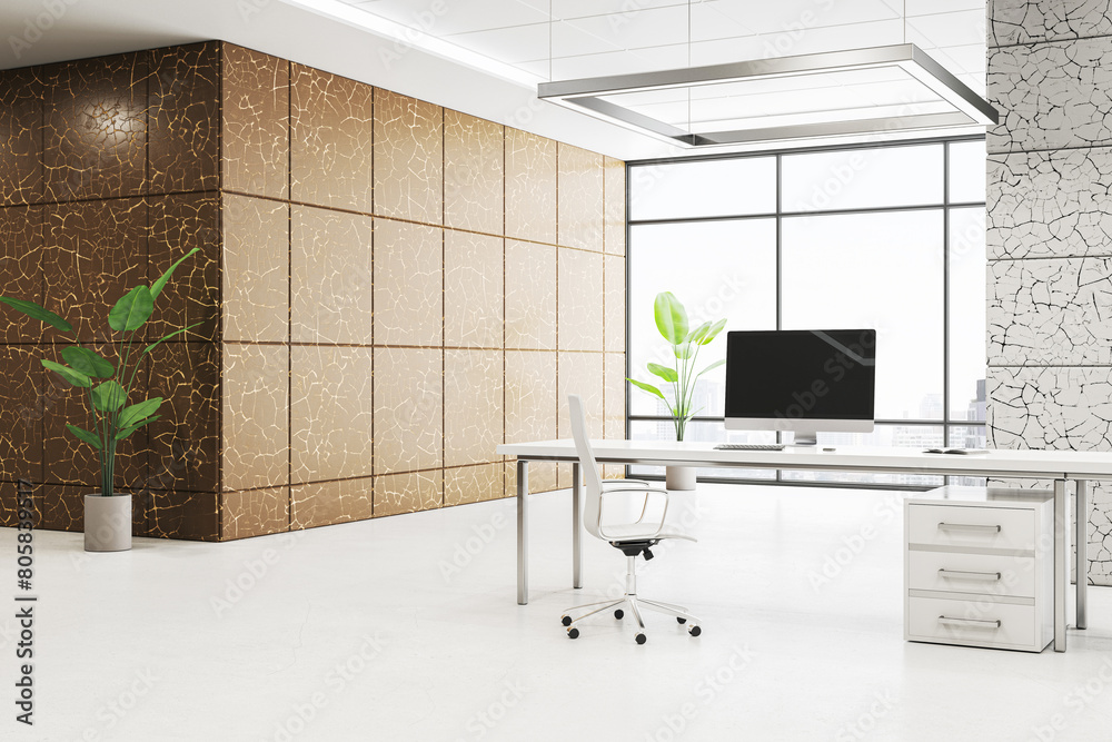 Poster elegant office design with expansive window and plant accents. urban and modern concept. 3d renderin