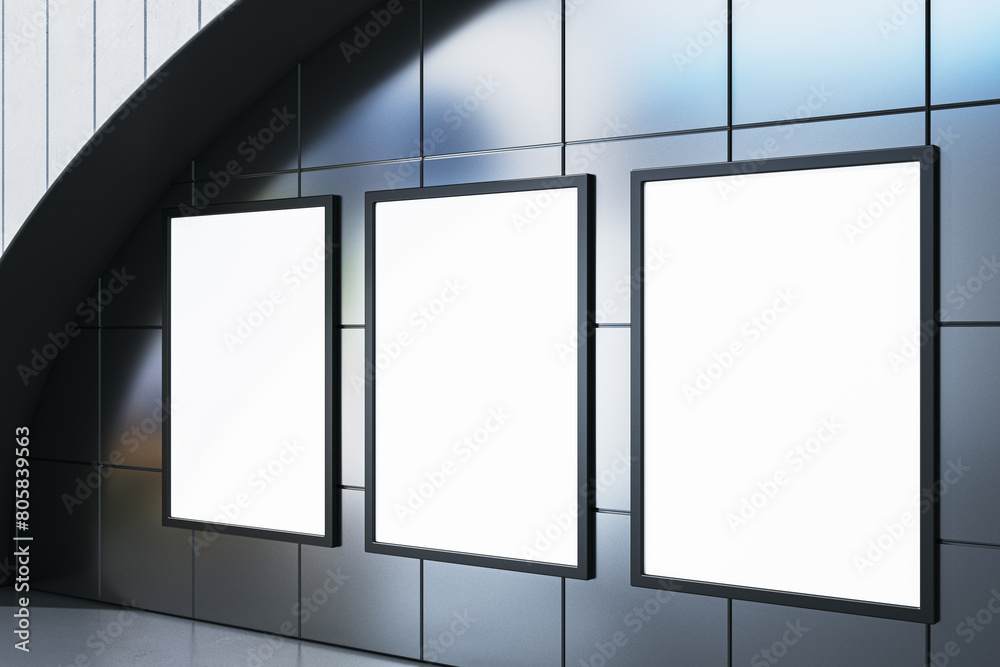 Aufkleber modern underground interior with empty mock up billboards on tile wall. 3d rendering.