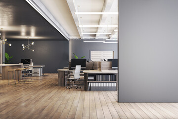Chic office interior with dark wall, modern furniture, and creative lighting. 3D Rendering