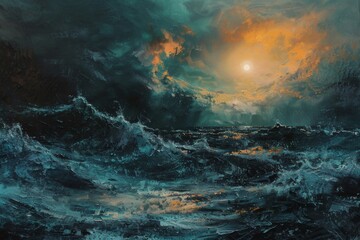 Obraz na płótnie Canvas A painting of a stormy sea with a sun in the sky