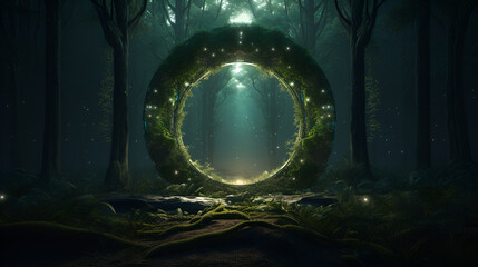 a circle of moss in the middle of a forest filled with trees,background with glowing lights