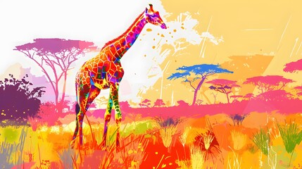 A colorful abstract giraffe in a vibrant savanna landscape