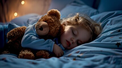 Peaceful Child Sleeping with Teddy Bear in Soft Blue Night Light. Capturing Innocence and Childhood Dreams. Ideal Image for Family and Health Concepts. AI