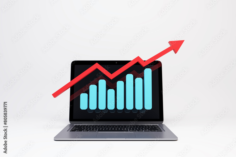 Poster a digital bar graph showing growth on a laptop screen, set against a white background, concept of bu