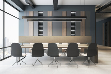 Modern office interior with chairs around a conference table, wood and metal elements, large windows, and urban view, concept of corporate meetings. 3D Rendering