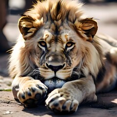 portrait of a lion,  line sitting and looking toward with cute way