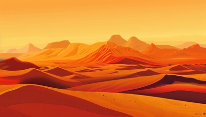 A desert landscape in varying tones of orange, creating a feeling of intense heat and stark beauty