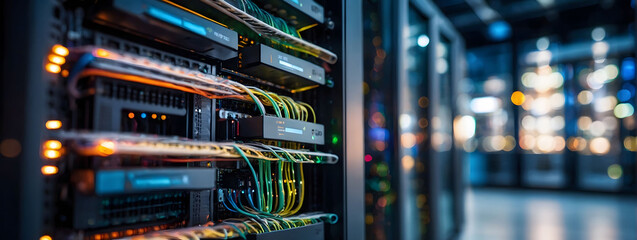 Bustling data center with servers and fiber optic connections, illustrating the interconnectedness of modern technology.