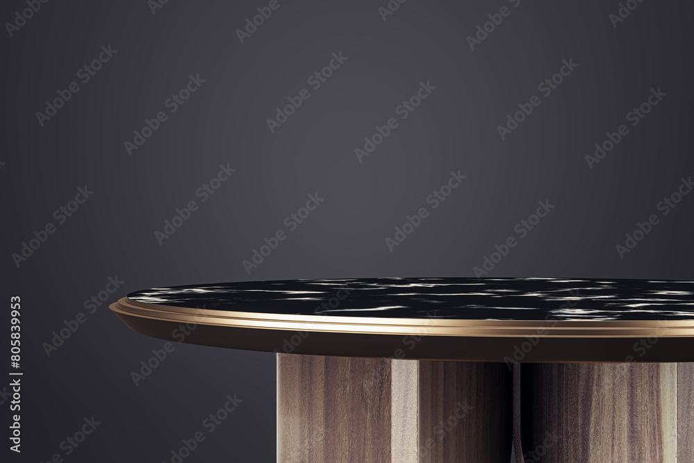 Poster Empty wooden table with mock up place for product placement on black backdrop. 3D Rendering.