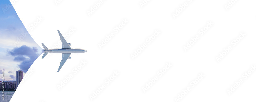 Poster creative airplane on wide bright city sky background with mock up place. travel and ad banner. 3d re
