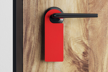 Close up of empty red sign on wooden door. Mock up, 3D Rendering.