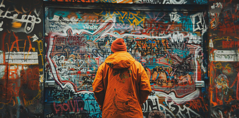 A man in an orange jacket stands in front of a wall covered in graffiti - Powered by Adobe
