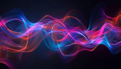 A digital art piece showing a series of neon wave patterns flowing across the screen, creating an illusion of movement and depth