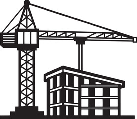 construction crane and building icon over white background, flat design, vector illustration