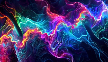 Fototapeta premium A digital fractal artwork depicting geometric wave patterns, each line bursting with neon colors