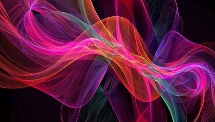 A digital fractal artwork depicting geometric wave patterns, each line bursting with neon colors