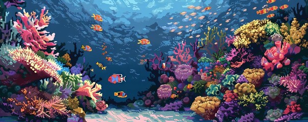 A digital mosaic of a coral reef, where pixelated fish swim among pixelated corals