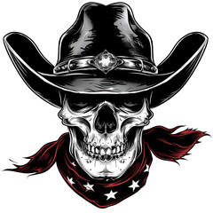 An Outlaw Skull Wearing a Cowboy Hat and Red Bandana Isolated on a White Background
