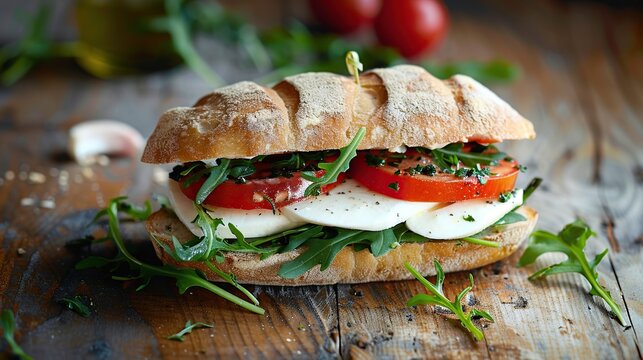 Caprese sandwich with tomato, mozzarella and arugula on wooden table. Generative Ai