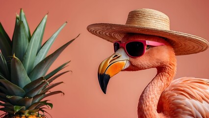 Flamingo wearing a straw hat and sunglasses with pineapple in the background