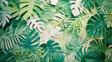 A dynamic pattern of overlapping leaves cut from paper, creating the impression of a lush tropical canopy