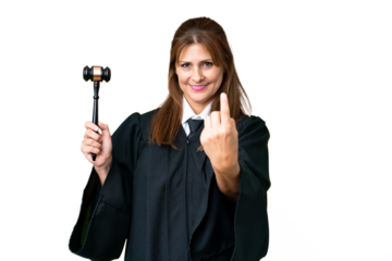 Judge caucasian woman over isolated background doing coming gesture