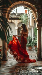 Naklejka premium Passionate Flamenco Dancer Performing in an Andalusian Patio with Vibrant Architectural Backdrop