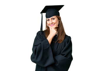 Middle age university graduate woman over isolated background smiling