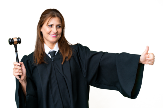 Judge caucasian woman over isolated background giving a thumbs up gesture