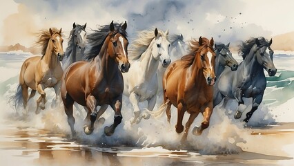 Horses running in the water. Watercolor painting. Horse racing.