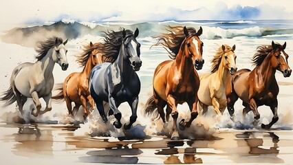 Horses running in the water. Watercolor painting. Horse racing.