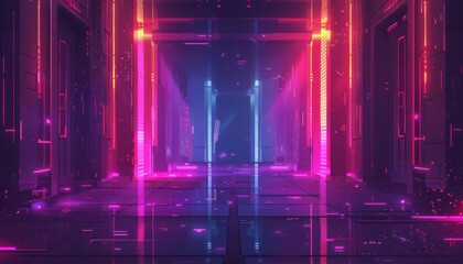 Obraz premium A futuristic scifi hallway in pixel art style, where neon lights and doors blur into abstract shapes