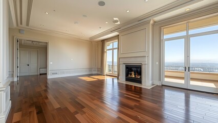 Luxurious living room with hardwood floors fireplace and large windows with view. Concept Luxury Interiors, Hardwood Floors, Fireplace Design, Large Windows, Interior Views