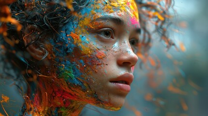 The close up side view of the caucasian beautiful woman with make up of the colourful powder on her face and looking to the other side of the camera with the serious emotionless straight face. AIGX03. - Powered by Adobe
