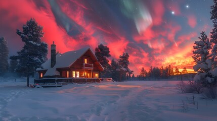 Awe-Inspiring Cabin Nestled in Snowy Winter Wonderland at Sunset