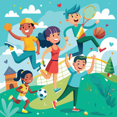 kids celebrating athletics day flat vector illustration