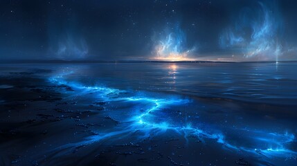 Bioluminescent Bay at Night with Glowing Water and Starry Sky in an Ethereal,Mystical Landscape