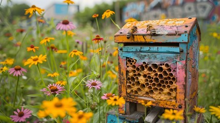 Buzzing Beehive Amid Blooming Wildflowers in Rustic Field