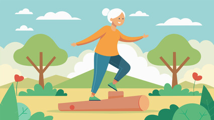 A smiling elderly woman practices her balance and coordination by walking on logs p in a serene park setting during an outdoor fitness class.. Vector illustration