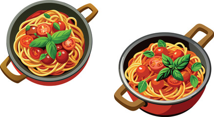 Fresh spaghetti pasta in pot with tomato and basil