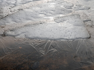 ice on frozen pond surface texture in early May, Finland