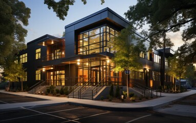 a building with a tree in front