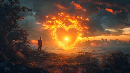 Dramatic Fiery Sunrise Silhouetting Solitary Figure in Serene Landscape of Renewal and Hope