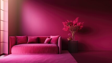 Minimalistic velvet magenta interior with sofa and a table with vase and flowers with sunlight from the window