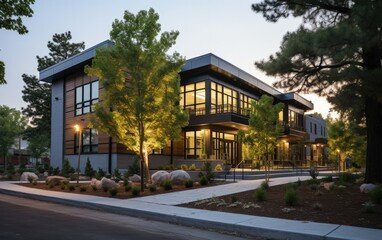 a building with a tree in front