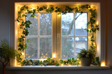 A charming image of a window frame adorned with fairy lights arranged around the edges or intertwined with faux greenery or flowers. The lights illuminate the window frame.