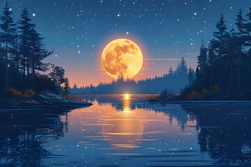 Full Moon Reflection Illuminating Tranquil Lake in Forested Landscape