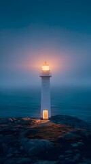 Lighthouse Beam Cutting Through the Twilight Over Vast Ocean Horizon