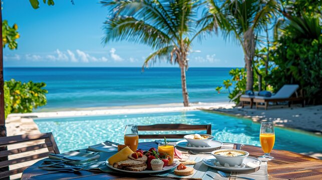 Breakfast on the beach by the pool with a look over the ocean. Generative Ai