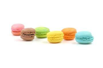 Sweet colorful macarons isolated on white background. Tasty colourful macaroons.